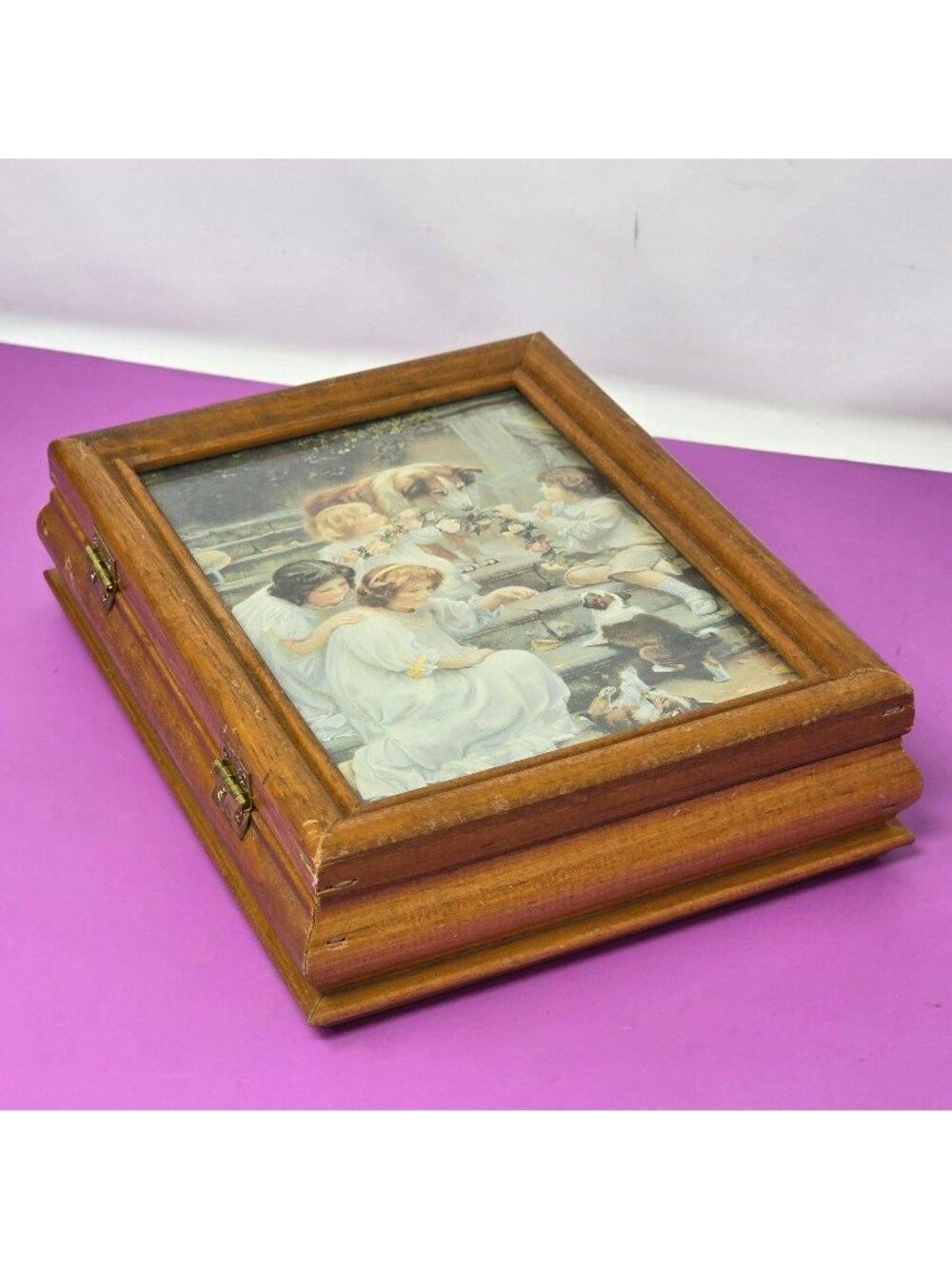 Vintage Wooden Jewelry Box Glass Lid Victorian Children-Dog Hinged Rustic Charm